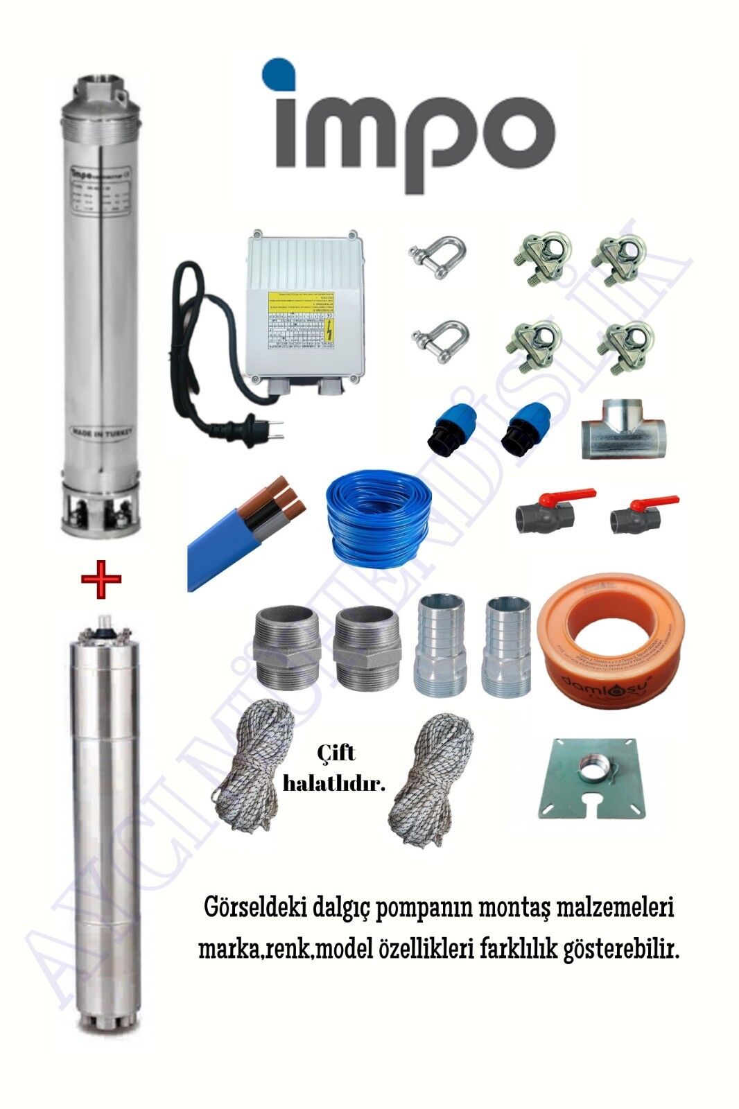 Impo Sk 409/14 3HP Krom Başlıklı  20 MT Yassı Kablolu ve Panolu 40 mt Halatlı Çift Vanalı Akıtma Başlıklı Monofaze Takım Dalgıç Pompa