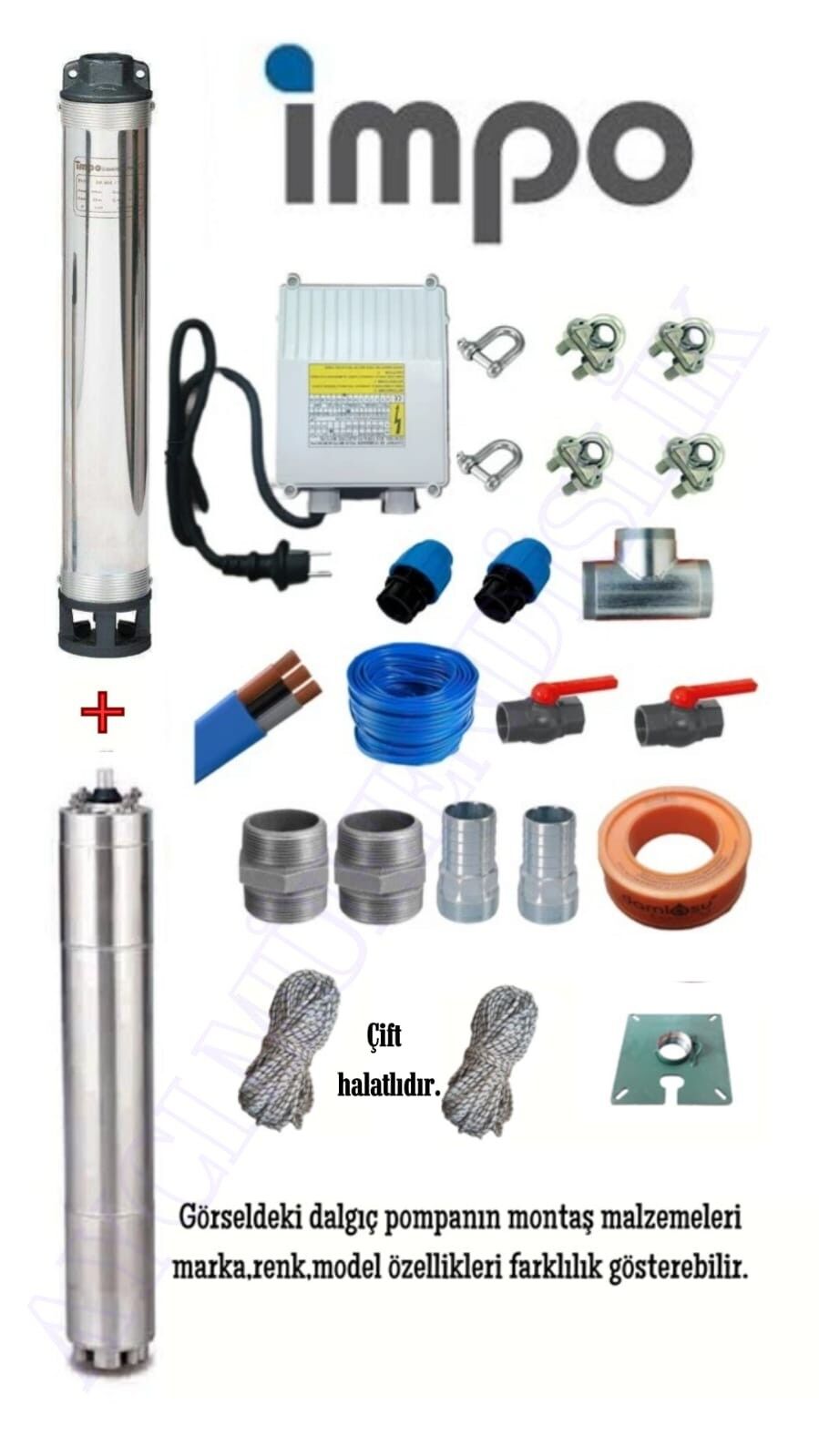 Impo Sk 404/27 3HP Technoplast Başlıklı  15 MT Yassı Kablolu ve Panolu 30 mt Halatlı Çift Vanalı Akıtma Başlıklı Monofaze Takım Dalgıç Pompa