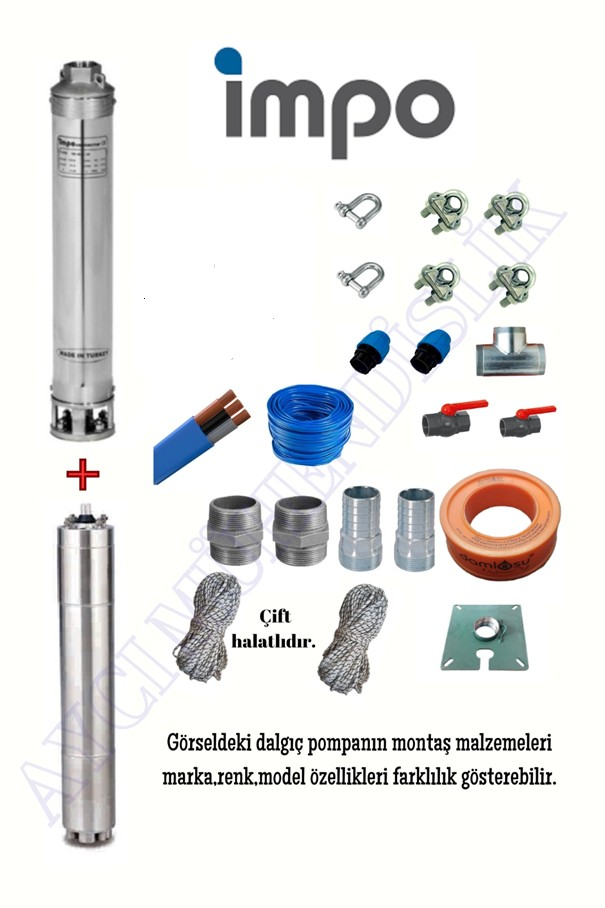 Impo Sk 415/15 5,5HP Krom Başlıklı  30 MT Yassı Kablolu ve  60 mt Halatlı Çift Vanalı Akıtma Başlıklı Trifaze Takım Dalgıç Pompa