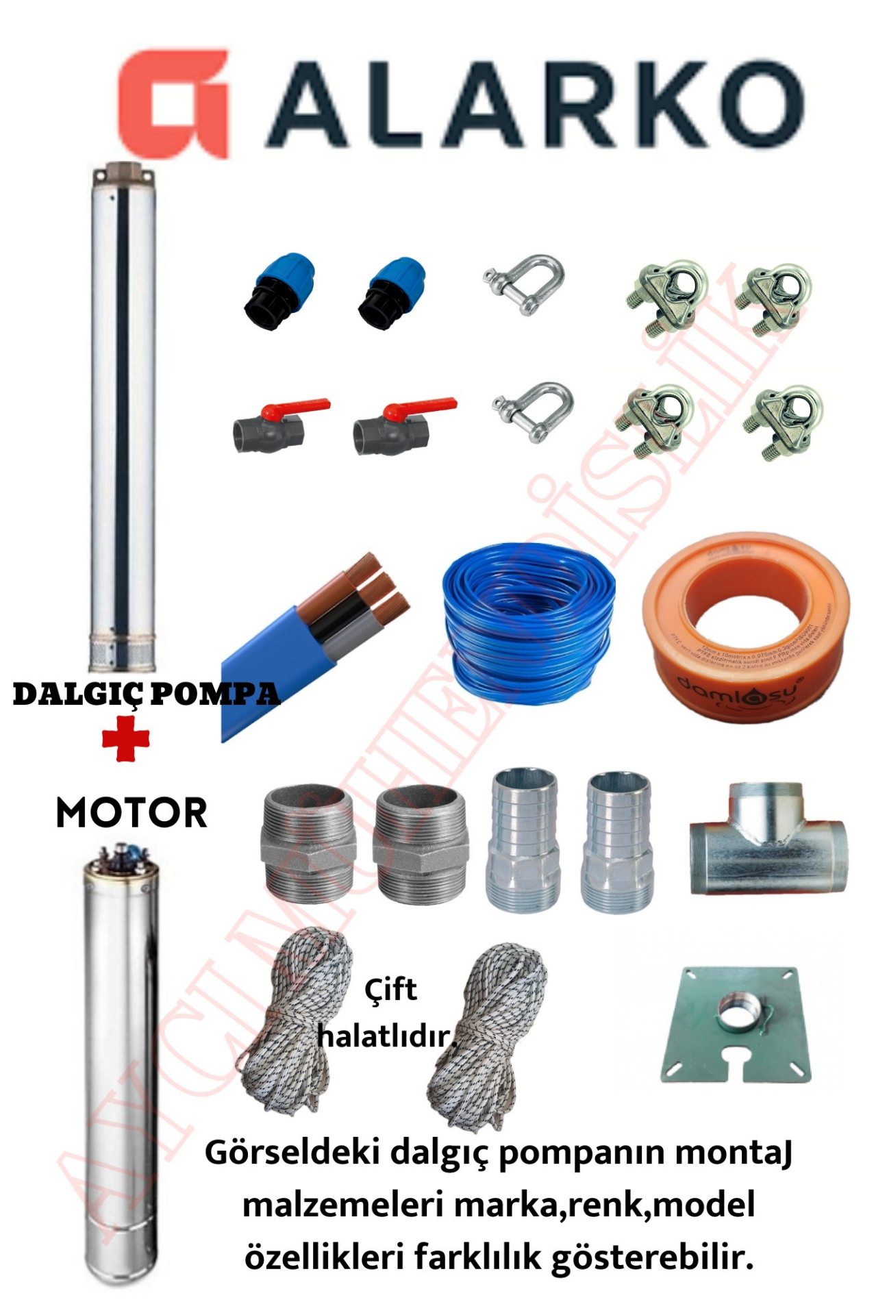 4SD2/11 0,75HP ALARKO TRİFAZE 15 MT YASSI KABLOLU VE PANOLU 30 MT HALATLI ÇİFT VANALI AKITMA BAŞLIKLI  TAKIM DALGIÇ POMPA