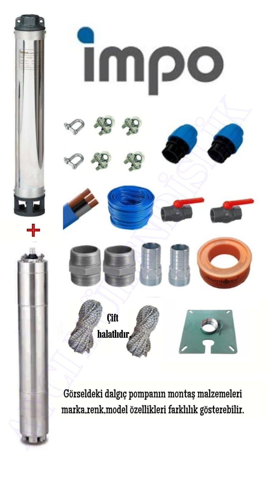 Impo Sk 404/27 3HP Technoplast Başlıklı  80 MT Yassı Kablolu ve Panolu 160 mt Halatlı Çift Vanalı Akıtma Başlıklı Trifaze Takım Dalgıç Pompa