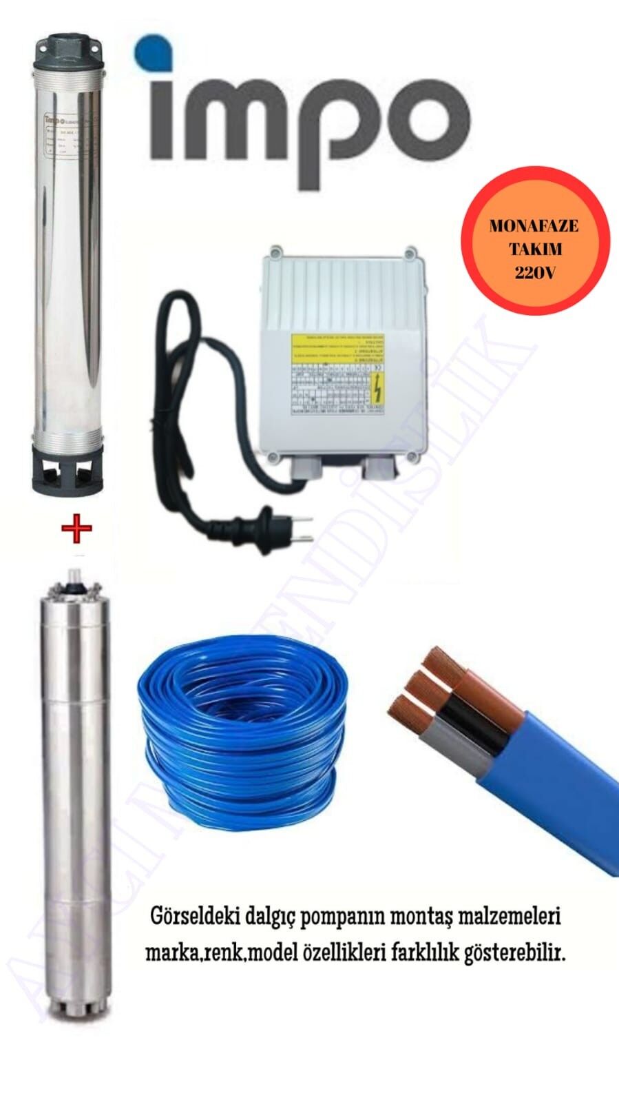 Impo Sk 415/08 Technoplast Başlıklı Derin Kuyu  3 Hp Monofaze Motorlu 50 mt Kablolu Panolu Dalgıç Pompa