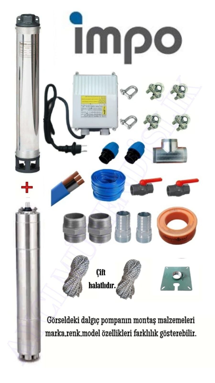 Impo Sk 415/08 3HP Technoplast Başlıklı  40 MT Yassı Kablolu ve Panolu 80 mt Halatlı Çift Vanalı Akıtma Başlıklı Monofaze Takım Dalgıç Pompa
